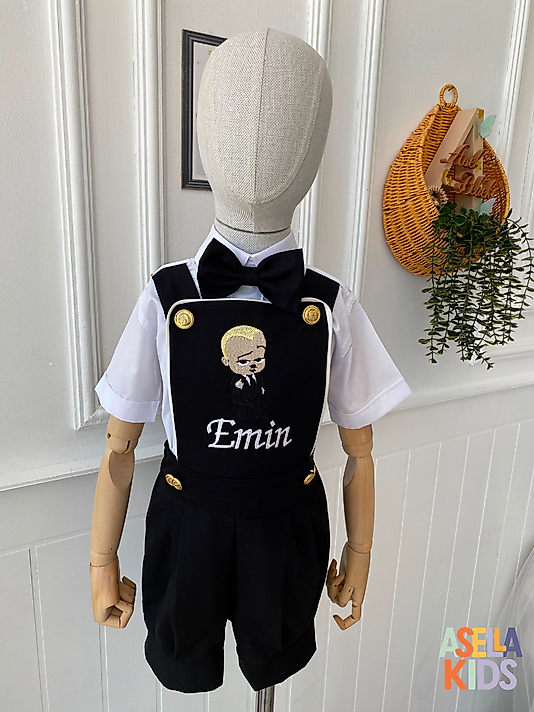 Siyah Tulum Salopet Takım - Patron Bebek Nakışlı