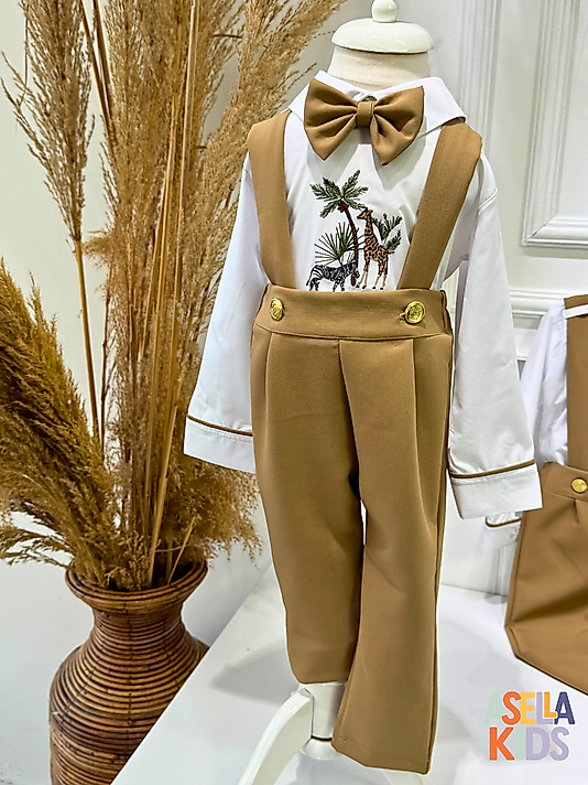 Erkek Çocuk Vizon Renk Salopet Takım - Safari Nakış