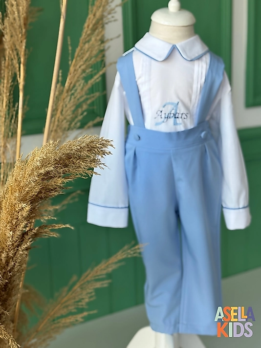 Erkek Çocuk Bebe Mavi Salopet Takım - Bebe Yaka